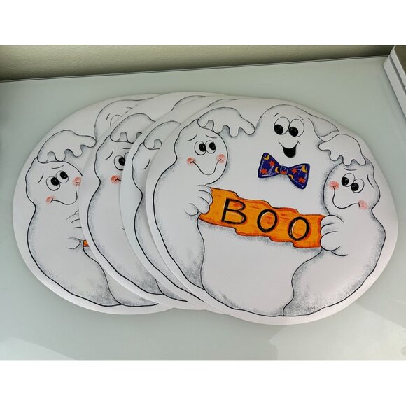 Halloween Ghost Trio BOO Set of 4 Vinyl Circle Placemats Happy Cute Bow Tie - Picture 13 of 13